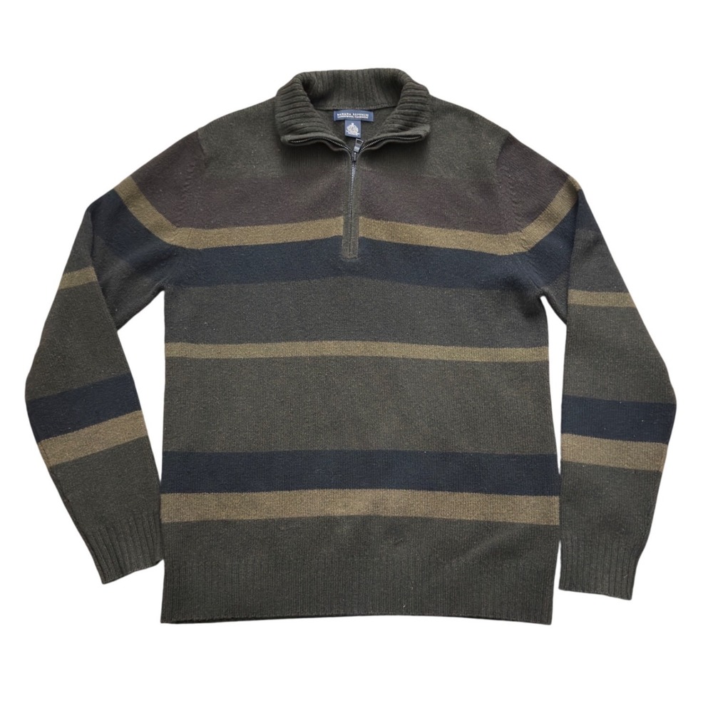 Banana Republic Mens Lambswool Cashmere‎ Quarter Zip Sweater Striped Olive  M